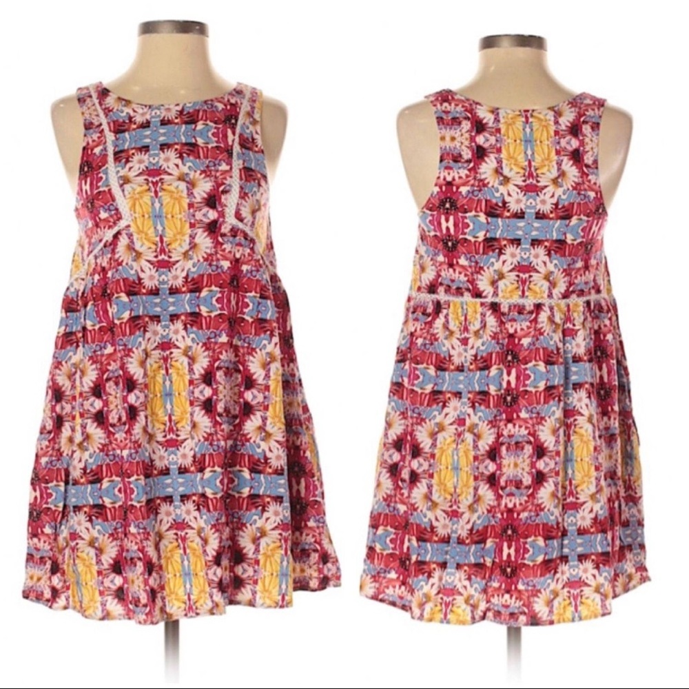 Minkpink Red Yellow Floral Boho Sleeveless Mini Lined Dress Size XS